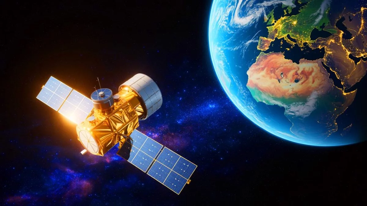Illustration von einem chinesischen Satelliten mit OpenHarmony-Betriebssystem im Weltraum. Bild durch KI generiert.