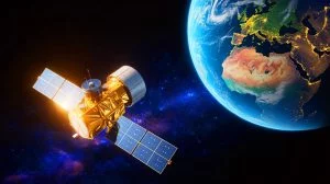 Illustration von einem chinesischen Satelliten mit OpenHarmony-Betriebssystem im Weltraum. Bild durch KI generiert.
