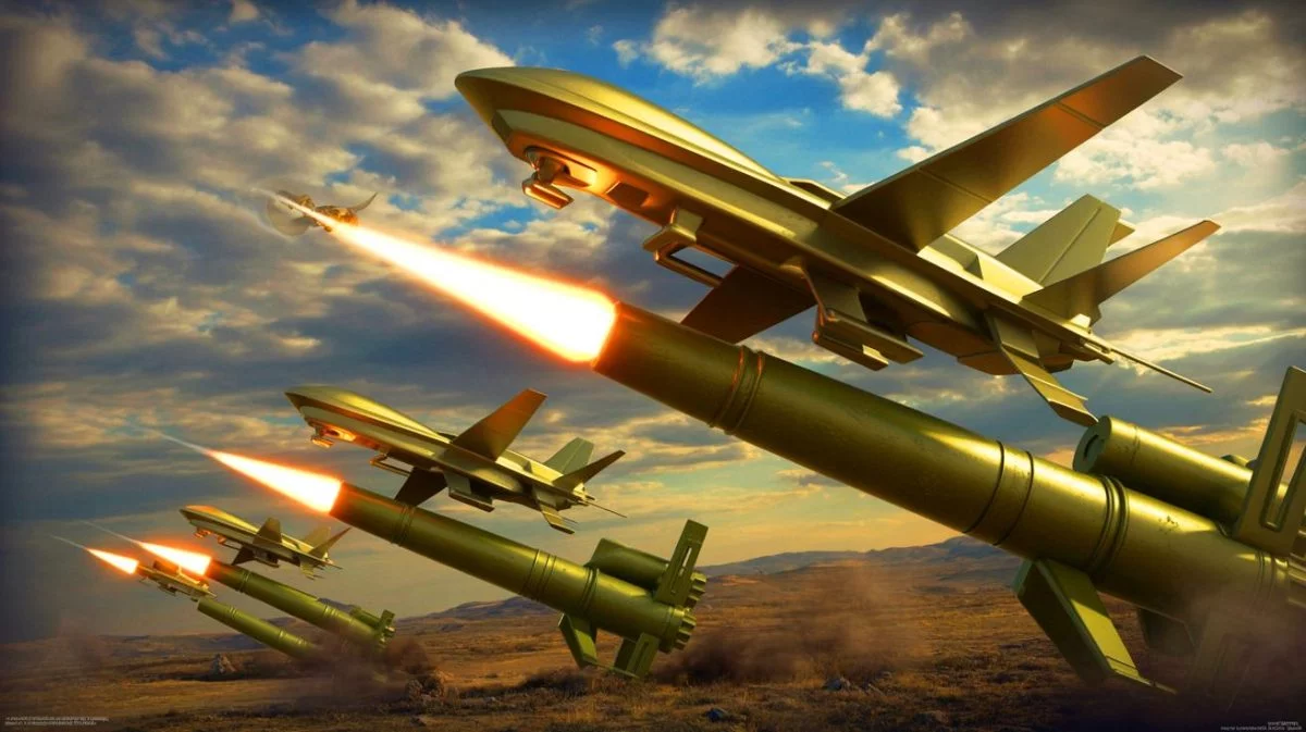 Illustration von artilleriegestützten Drohnen in einem militärischen Einsatz. Bild durch KI generiert.