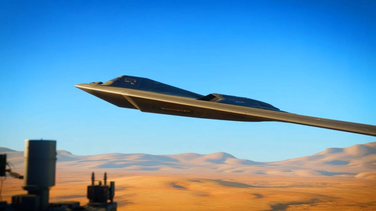Illustration von einem B-2 Stealth Bomber im Einsatz über einer iranischen Nuklearanlage. Bild durch KI generiert.