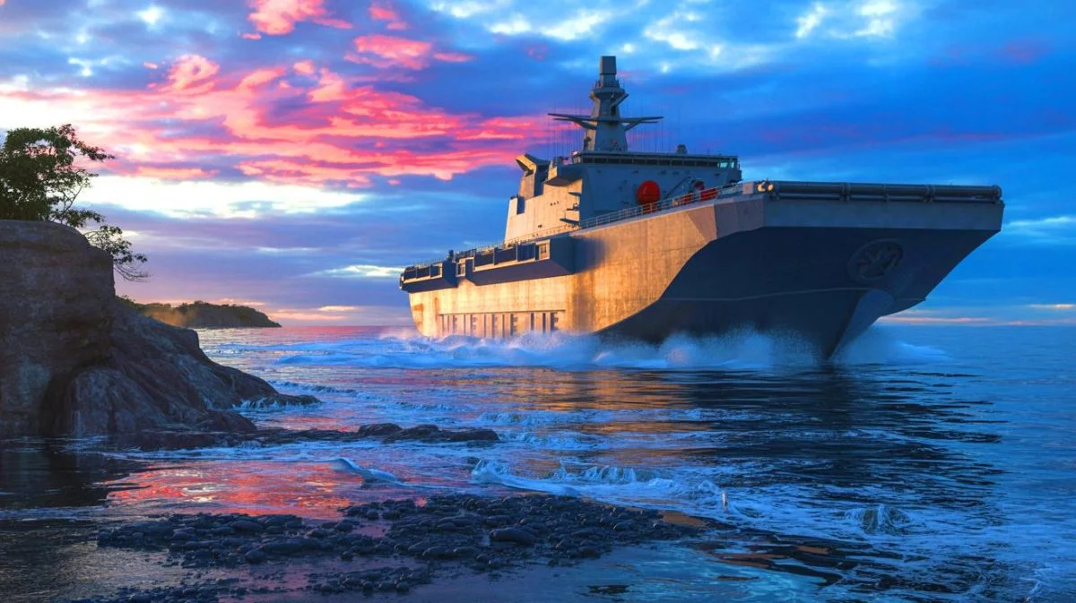 Illustration von Chinas neuen amphibischen Landungsbooten an Taiwans Küsten. Bild durch KI generiert.