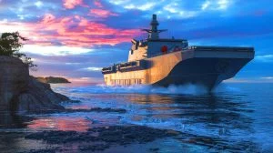 Illustration von Chinas neuen amphibischen Landungsbooten an Taiwans Küsten. Bild durch KI generiert.