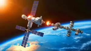 Illustration von Chinas Tiangong-Raumstation mit Verteidigungsrobotern im Einsatz. Bild durch KI generiert.