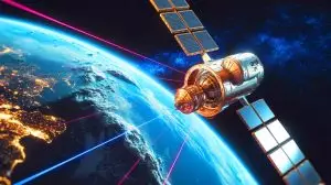 Illustration von einem Quantenkommunikationssatelliten im Orbit mit potenziellen Sicherheitslücken. Bild durch KI generiert.