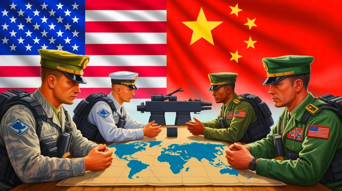 Illustration von der geopolitischen Spannung zwischen den USA und China unter Donald Trumps Führung. Bild durch KI generiert.