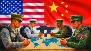 Illustration von der geopolitischen Spannung zwischen den USA und China unter Donald Trumps Führung. Bild durch KI generiert.