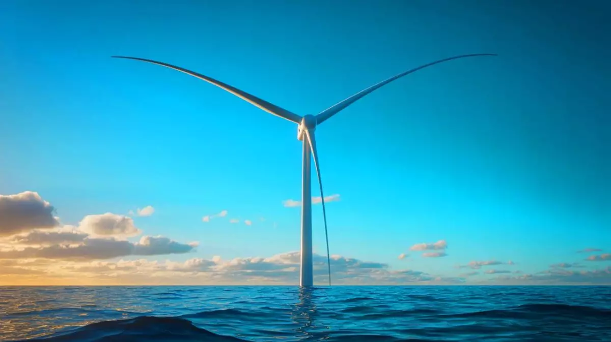 Illustration von Chinas gigantischer Offshore-Windturbine Qihang im Meer. Bild durch KI generiert.