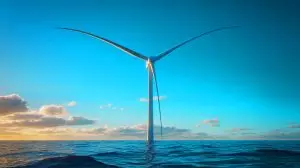 Illustration von Chinas gigantischer Offshore-Windturbine Qihang im Meer. Bild durch KI generiert.