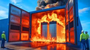 Illustration von einem Großbrandtest für ein Batterie-Energiespeichersystem mit offenen Türen. Bild durch KI generiert.