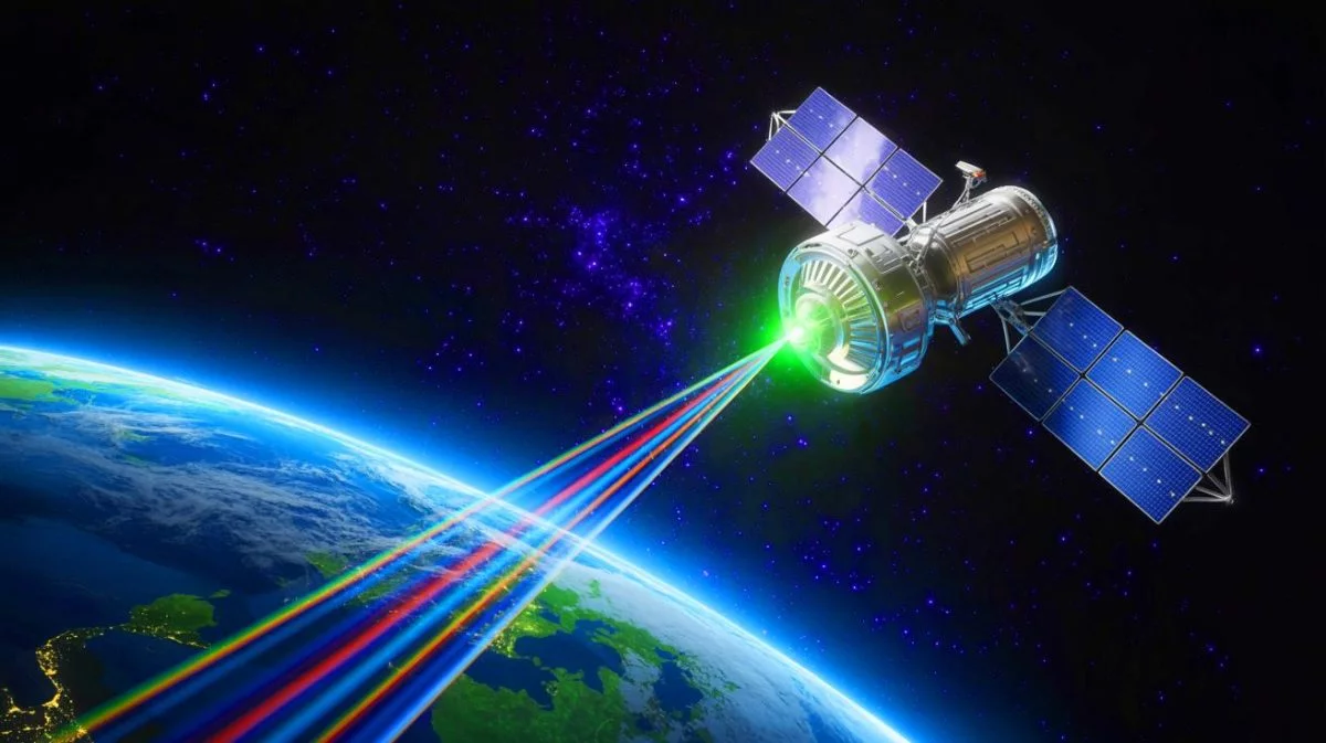 Illustration von chinesischer Laserkommunikationstechnologie von Satelliten zur Erde. Bild durch KI generiert.
