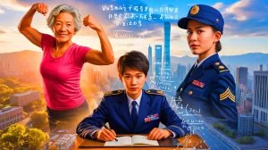 Illustration von inspirierenden Persönlichkeiten aus China: Fitness-Oma, Mathematik-Genie und Soldatin. Bild durch KI generiert.