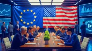 Illustration von den wirtschaftlichen Spannungen zwischen der Europäischen Union und den Vereinigten Staaten im Handelskonflikt. Bild durch KI generiert.