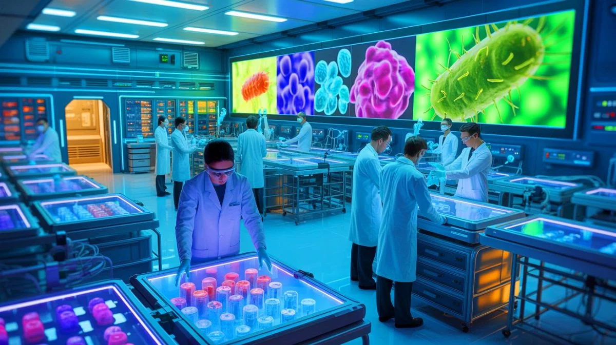 Illustration von der Erhaltung mikrobieller Vielfalt im Microbiota Vault. Bild durch KI generiert.