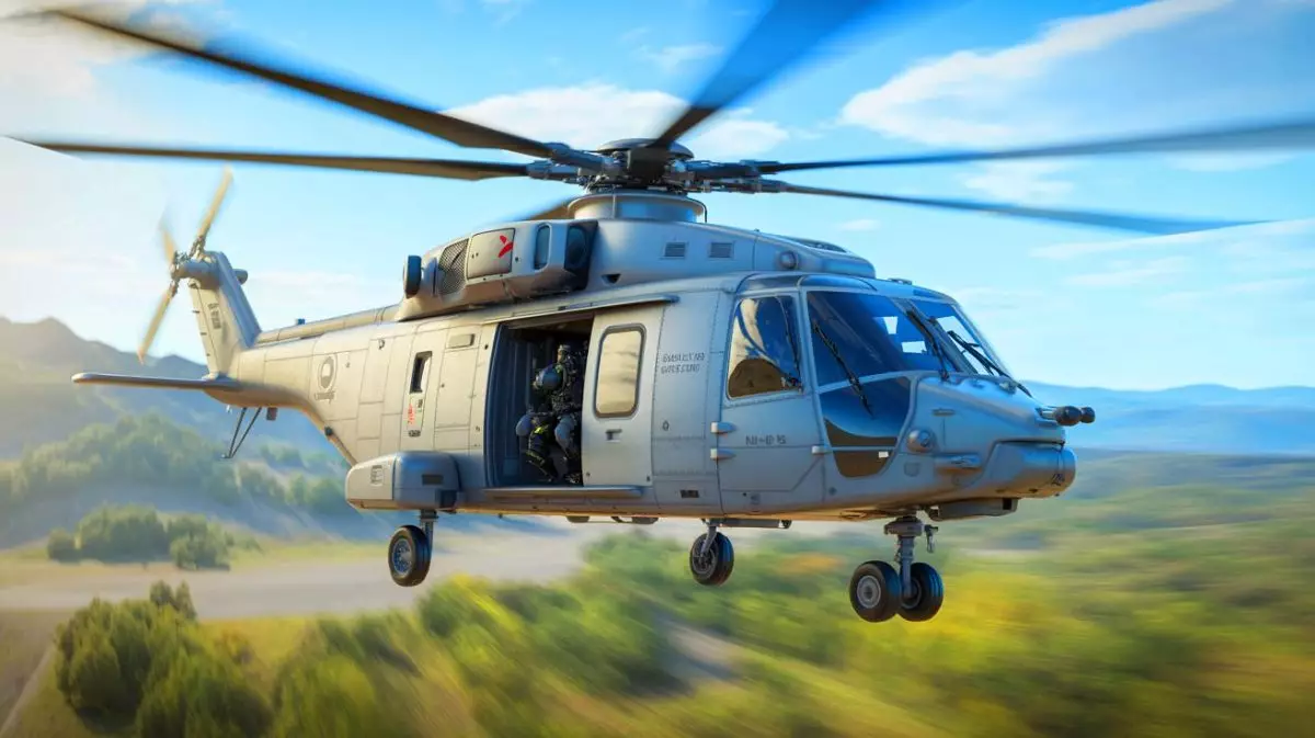 Illustration von einem NH-90-Hubschrauber, der mit Q-SLAM 40-Drohnen ausgestattet ist. Bild durch KI generiert.