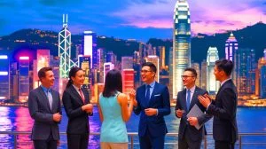 Illustration von wohlhabenden Investoren, die in Hongkong investieren. Bild durch KI generiert.