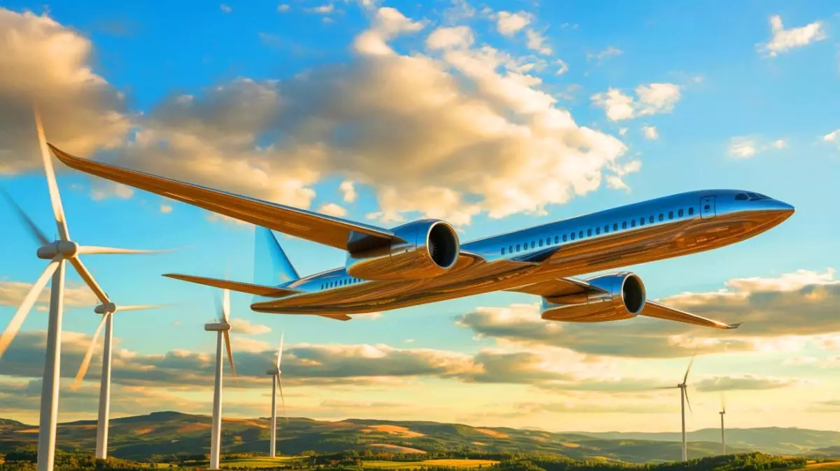 Illustration von einem innovativen Flugzeug, das Rotorblätter von Windkraftanlagen transportiert. Bild durch KI generiert.