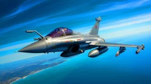 Illustration von einem Rafale-Kampfflugzeug, das die Lufthoheit über Portugal symbolisiert. Bild durch KI generiert.