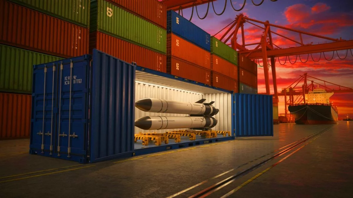 Illustration von Chinas containerisiertem Seeabwehr-Kampfsystem als verdeckte militärische Bedrohung. Bild durch KI generiert.