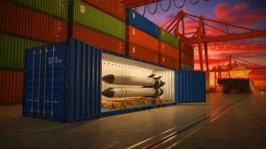 Illustration von Chinas containerisiertem Seeabwehr-Kampfsystem als verdeckte militärische Bedrohung. Bild durch KI generiert.
