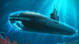 Illustration von einem autonomen, ultra-großen Unterseeboot der US Navy in Entwicklung. Bild durch KI generiert.