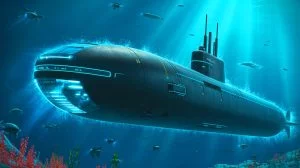 Illustration von einem autonomen, ultra-großen Unterseeboot der US Navy in Entwicklung. Bild durch KI generiert.