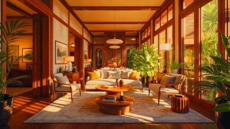 Illustration von einem harmonisch gestalteten Innenraum mit natürlichen Holzelementen. Bild durch KI generiert.