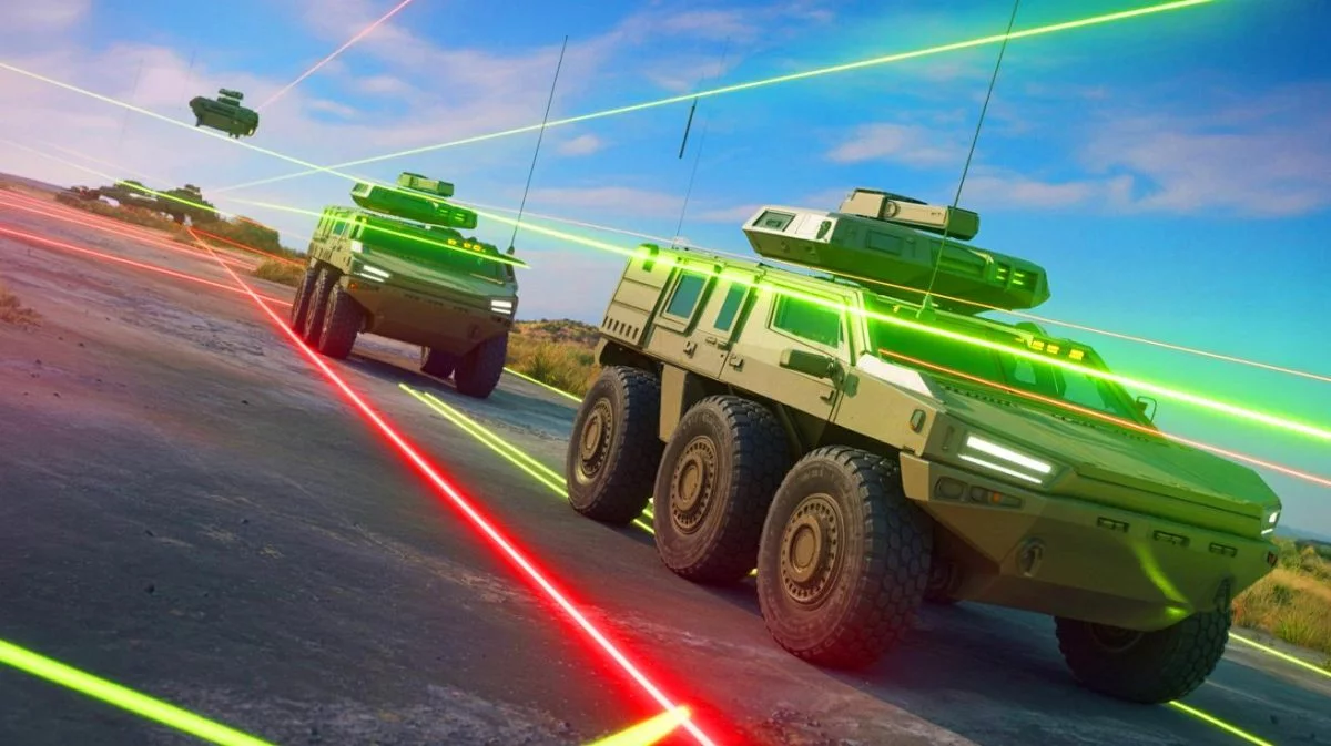Illustration von der Erkennung unsichtbarer Laserbedrohungen auf dem Schlachtfeld. Bild durch KI generiert.
