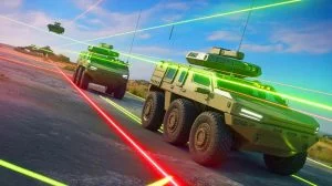 Illustration von der Erkennung unsichtbarer Laserbedrohungen auf dem Schlachtfeld. Bild durch KI generiert.