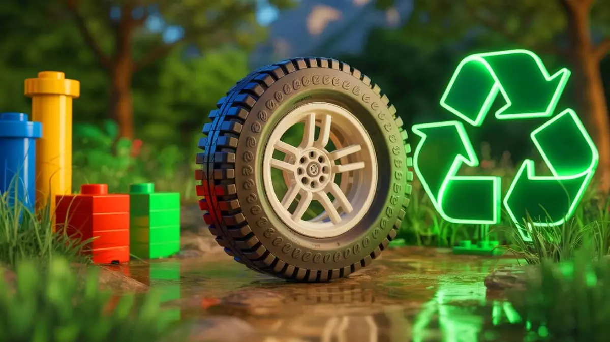 Illustration von LEGO-Reifen aus recycelten Materialien zur Förderung von Umweltbewusstsein. Bild durch KI generiert.