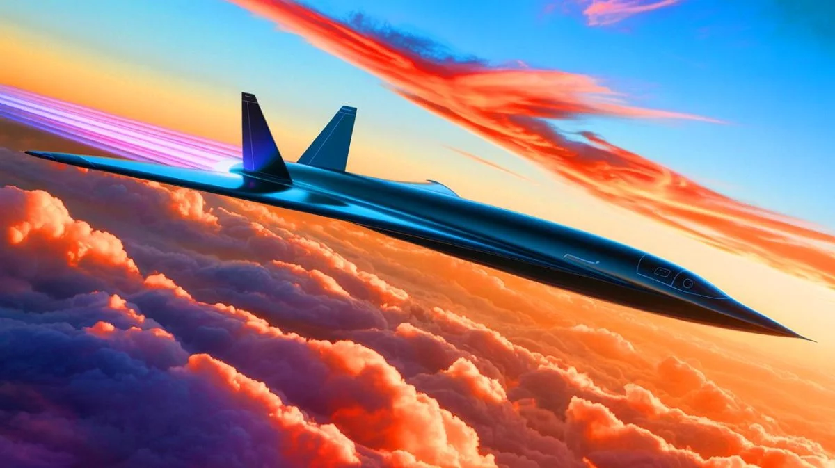 Illustration von einem futuristischen Hyperschallflugzeug in Aktion. Bild durch KI generiert.