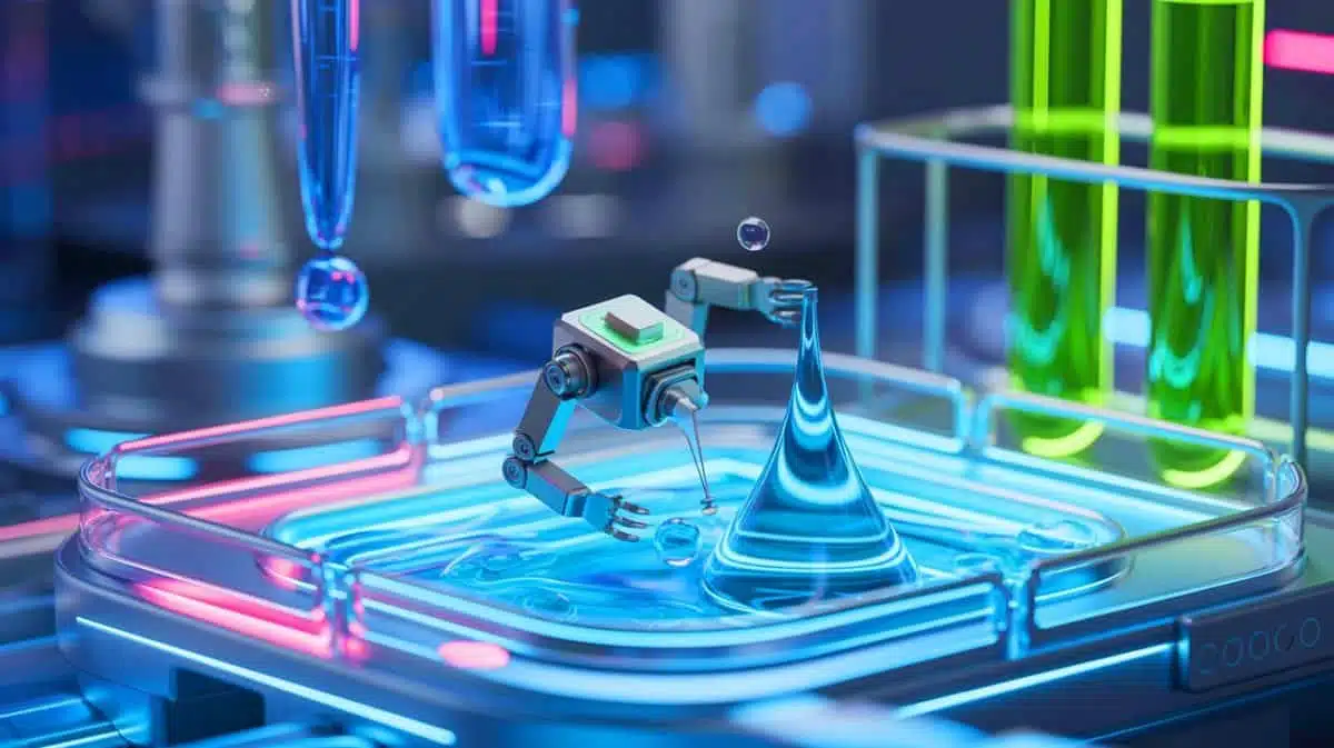Illustration von einem Mikroroboter, der Flüssigkeiten mithilfe von Magnetfeldern manipuliert. Bild durch KI generiert.