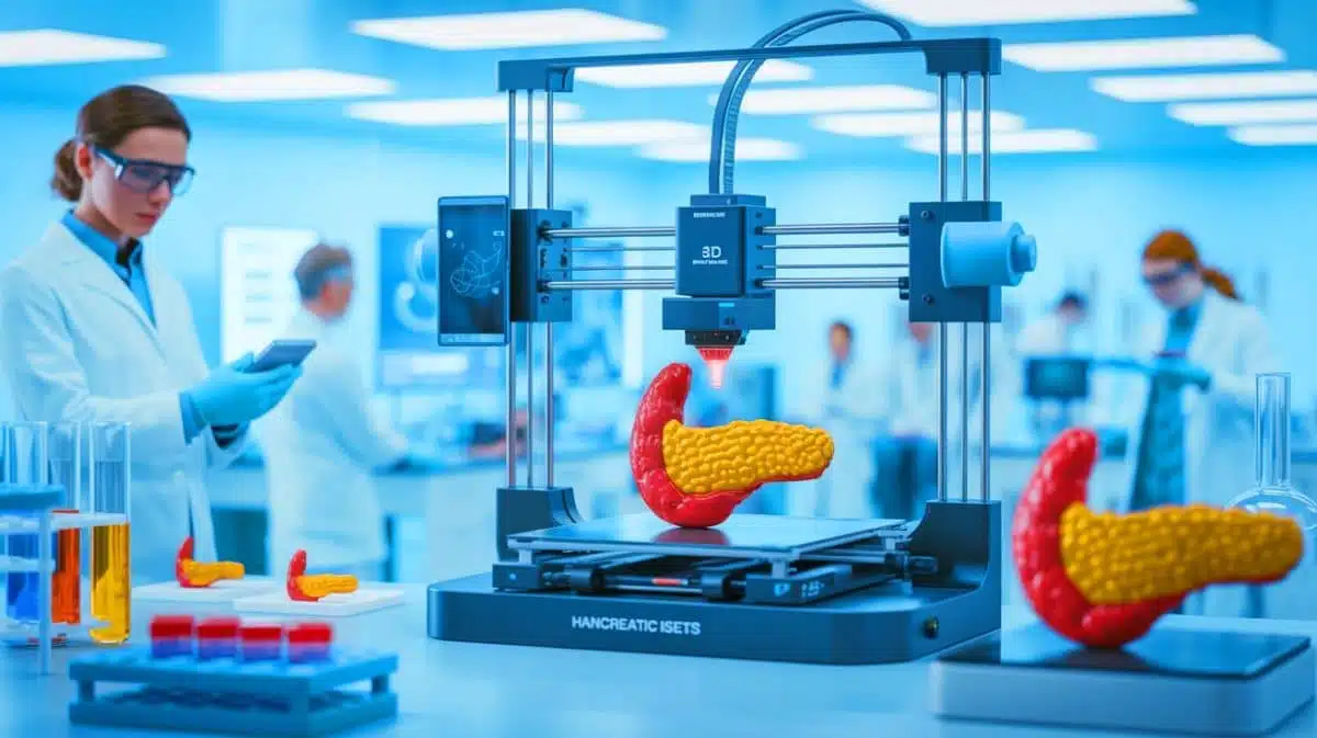 Illustration von 3D-gedruckten menschlichen Inselzellen zur potenziellen Behandlung von Diabetes. Bild durch KI generiert.