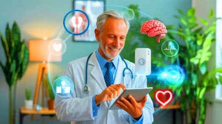 Illustration von einem älteren Arzt, der seine Geheimnisse der Langlebigkeit teilt. Bild durch KI generiert.