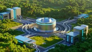 Illustration von Metas Partnerschaft mit dem Clinton Clean Energy Center zur Nutzung von nuklearer Technologie für Künstliche Intelligenz. Bild durch KI generiert.