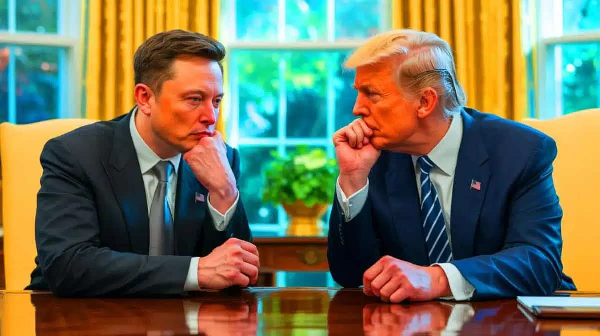 „Musk Droht Mit Ende der Drachen-Raumschiffe“: Eskalierender Streit mit Trump Schürt Angst Vor Technologischem Rückschritt und Ökonomischem Verlust in Milliardenhöhe Illustration von Elon Musk und Donald Trump im Oval Office während eines politischen Streits. Bild durch KI generiert.