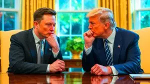 Illustration von Elon Musk und Donald Trump im Oval Office während eines politischen Streits. Bild durch KI generiert.