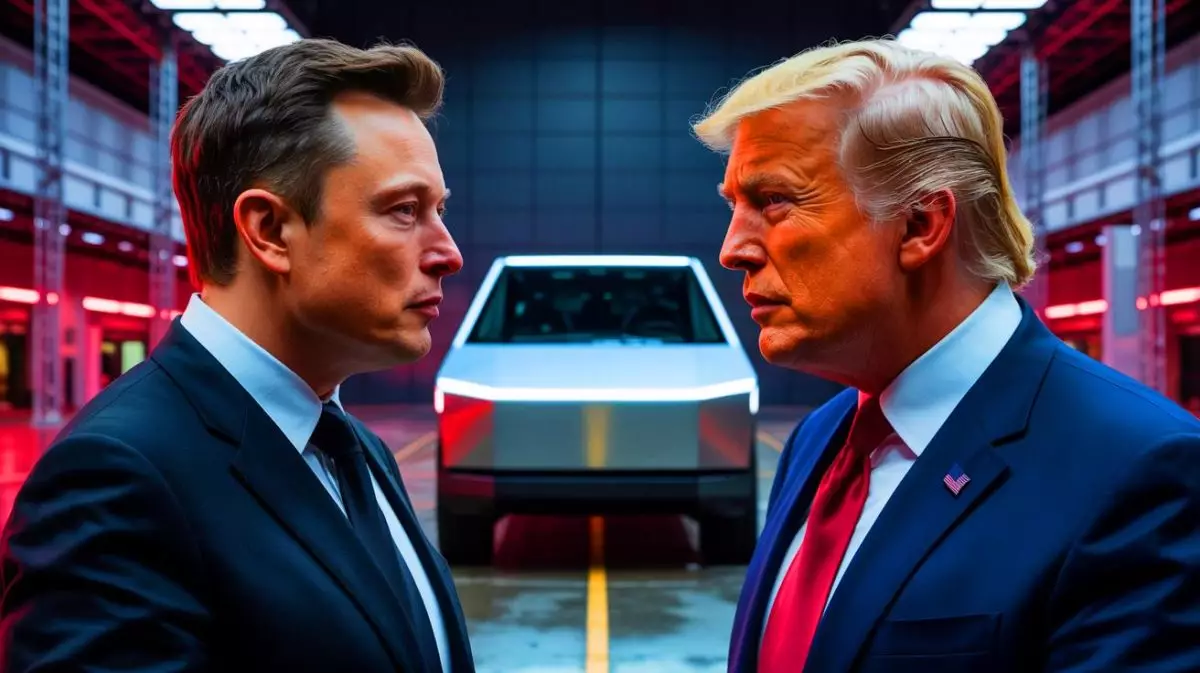 Illustration von Elon Musk und Donald Trump in einem hitzigen politischen Konflikt. Bild durch KI generiert.