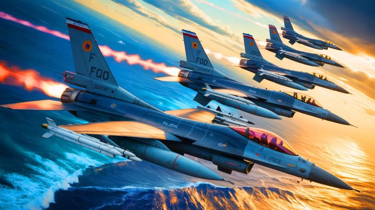 Illustration von philippinischen F-16-Kampfjets in einer geopolitischen Spannungszone. Bild durch KI generiert.