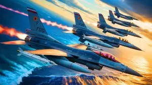 Illustration von philippinischen F-16-Kampfjets in einer geopolitischen Spannungszone. Bild durch KI generiert.