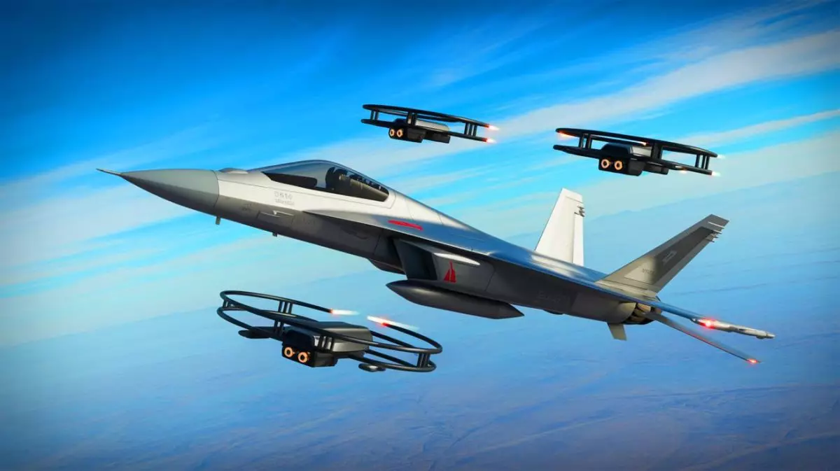 Illustration von einem modernen Kampfflugzeug, begleitet von autonomen Drohnen. Bild durch KI generiert.