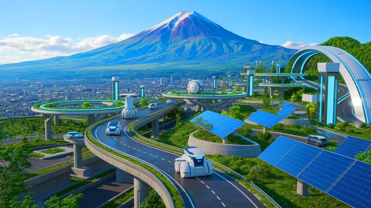 Illustration von der innovativen Woven City am Fuße des Mount Fuji mit nachhaltiger Infrastruktur und Robotik. Bild durch KI generiert.