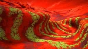 Illustration von synthetischen Flechten, die Strukturen auf dem Mars errichten. Bild durch KI generiert.