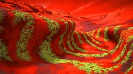 Illustration von synthetischen Flechten, die Strukturen auf dem Mars errichten. Bild durch KI generiert.