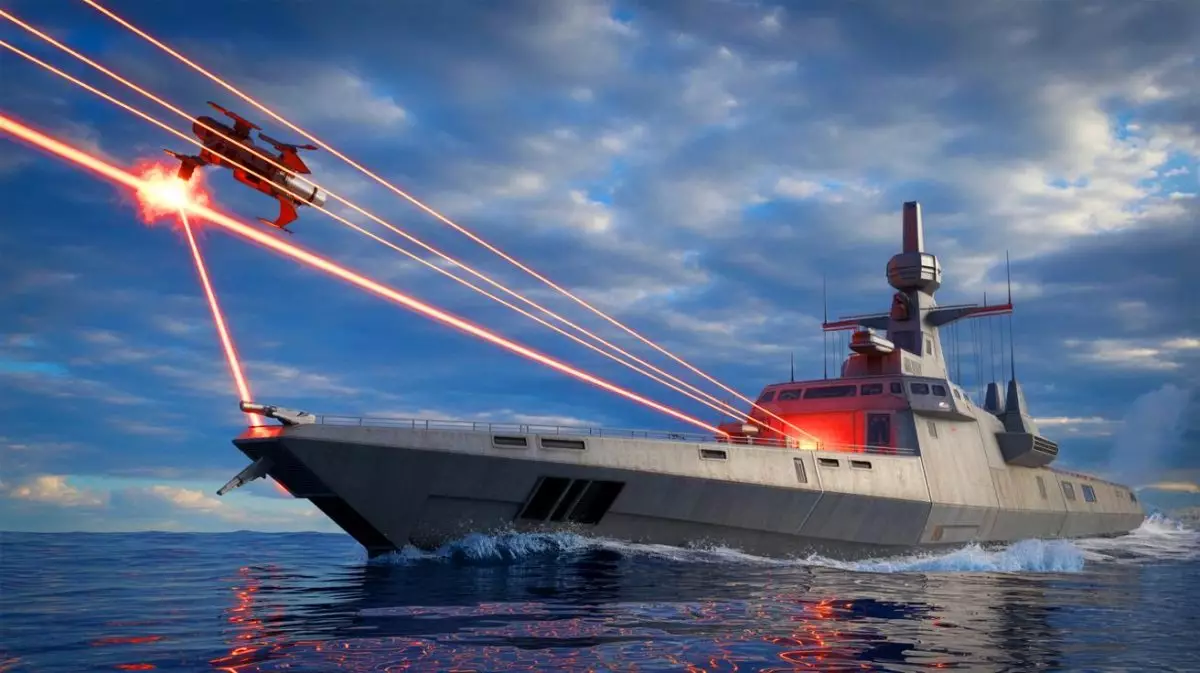 Illustration von einem fortschrittlichen Laserwaffensystem für militärische Anwendungen. Bild durch KI generiert.