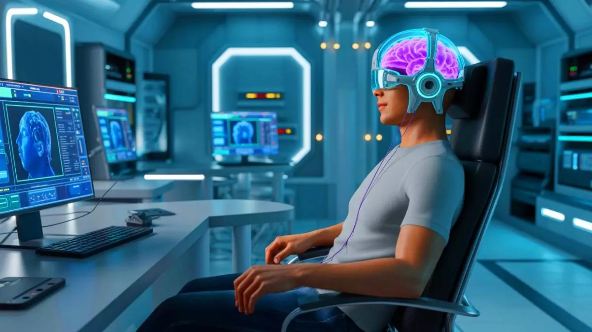 Illustration von einem Gehirn-Computer-Interface, das Echtzeitkommunikation für ALS-Patienten ermöglicht. Bild durch KI generiert.