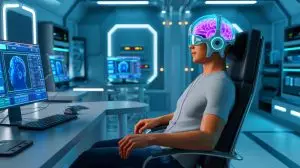 Illustration von einem Gehirn-Computer-Interface, das Echtzeitkommunikation für ALS-Patienten ermöglicht. Bild durch KI generiert.