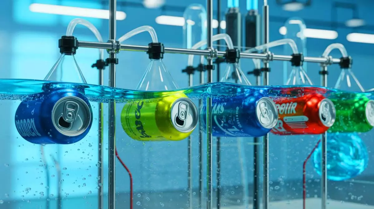Illustration von der Produktion von Wasserstoff aus recycelten Limonadendosen und Meerwasser. Bild durch KI generiert.