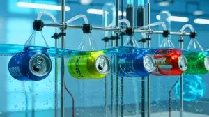 Illustration von der Produktion von Wasserstoff aus recycelten Limonadendosen und Meerwasser. Bild durch KI generiert.