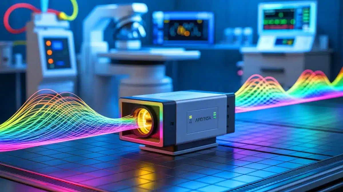 Illustration von einem revolutionären optischen Verstärker zur Verbesserung der Datenübertragung und medizinischen Diagnostik. Bild durch KI generiert.