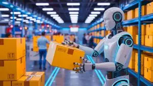 Illustration von einem humanoiden Roboter, der in einer logistischen Umgebung arbeitet. Bild durch KI generiert.